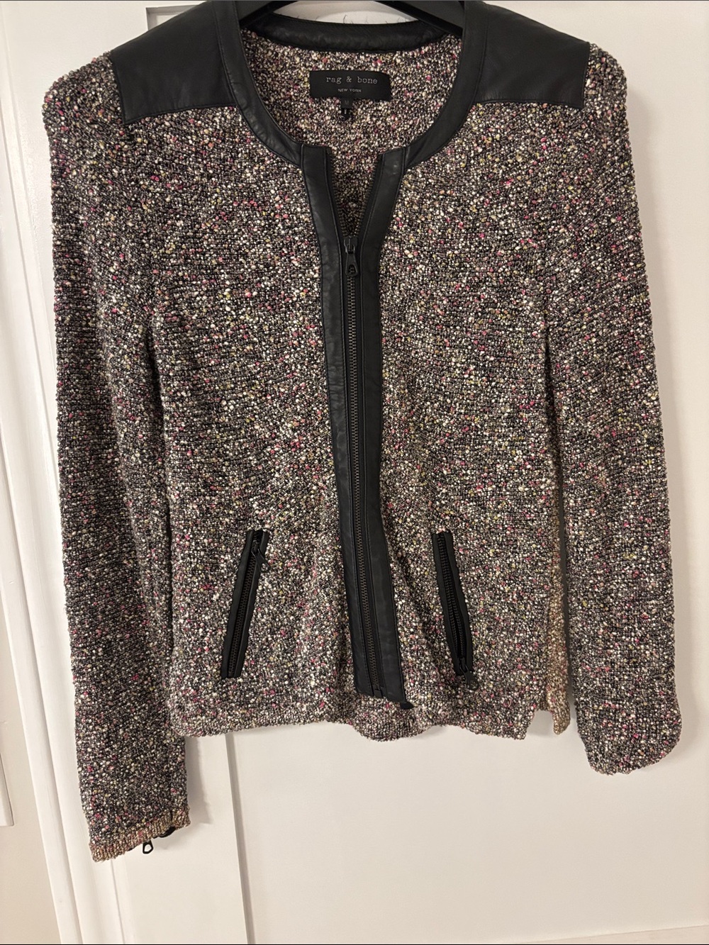 Rag & Bone Multicolor Tweed Zip-Front Jacket with Black Leather Trim